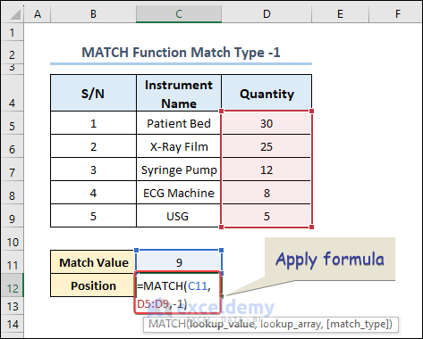 Apply Formula of match_type -1