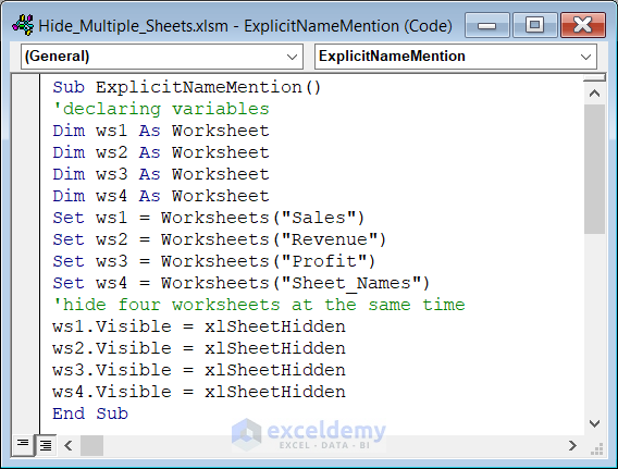 excel vba Code to hide multiple sheets