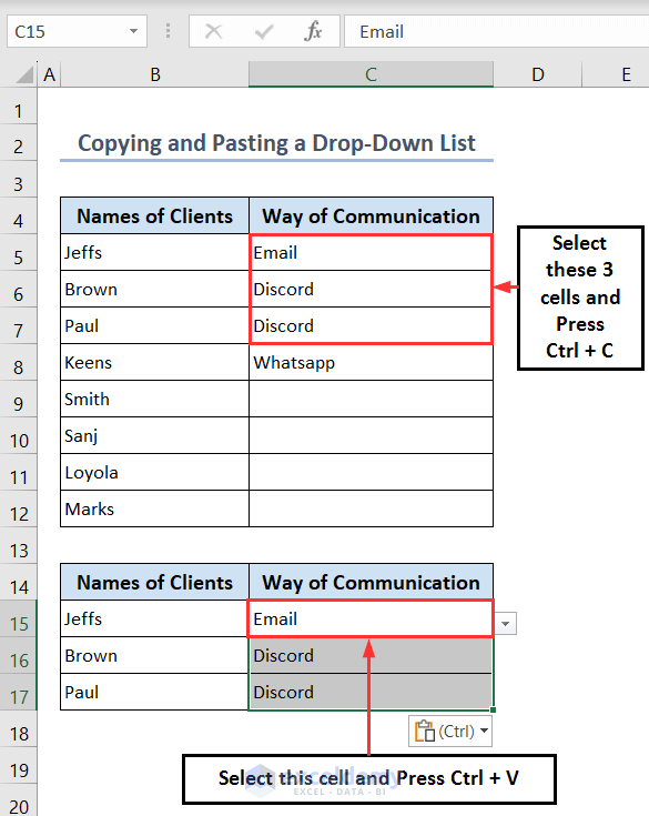Copying and pasting drop-down list