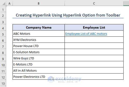 Final output of creating hyperlink in Excel using toolbar