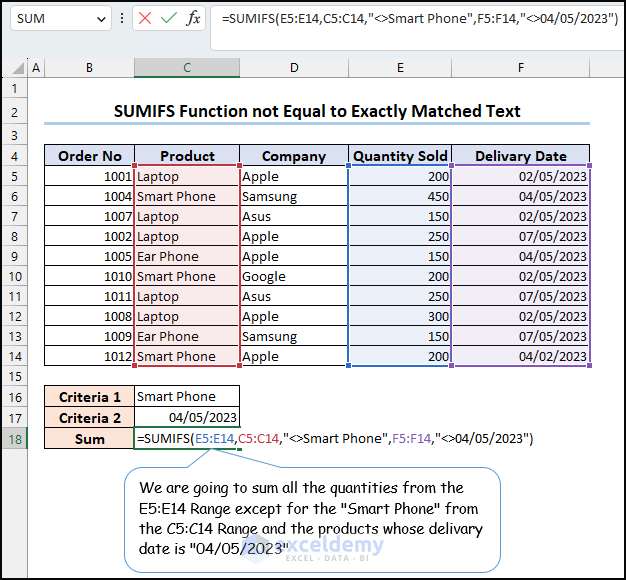 Formula to exclude exactly matched values before summation
