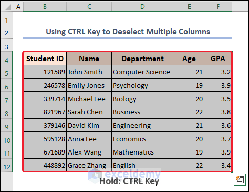 Holding CTRL key to deselect multiple contiguous columns