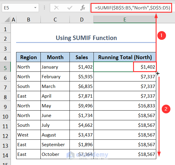 Inserting SUMIF function and using Fill Handle tool to calculate running total with criteria