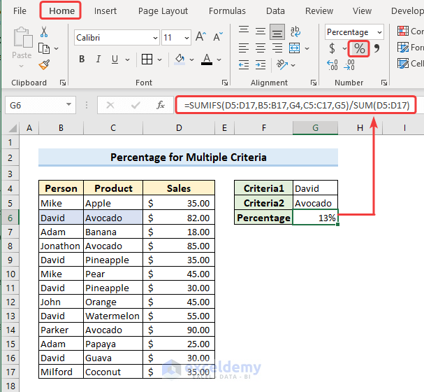 SUMIFS formula to calculate percentage in Excel from multiple criteria