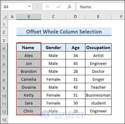 Selected Column in the Sheet