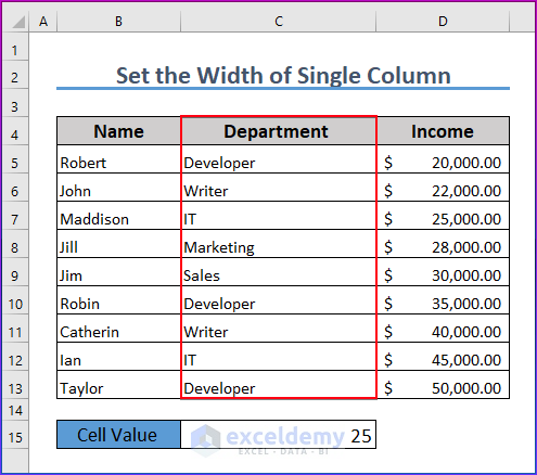 Showing Output of Setting the Width of a Single Column Based on a Cell Value in Excel VBA