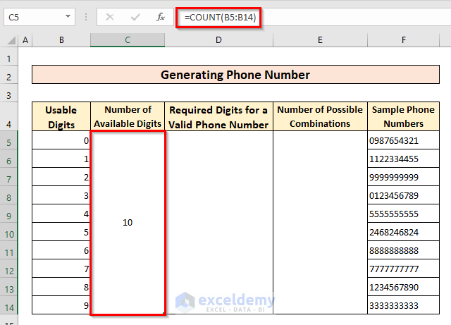 Using COUNT() Function to Count Available Number of Digits for Generating Phone Numbers