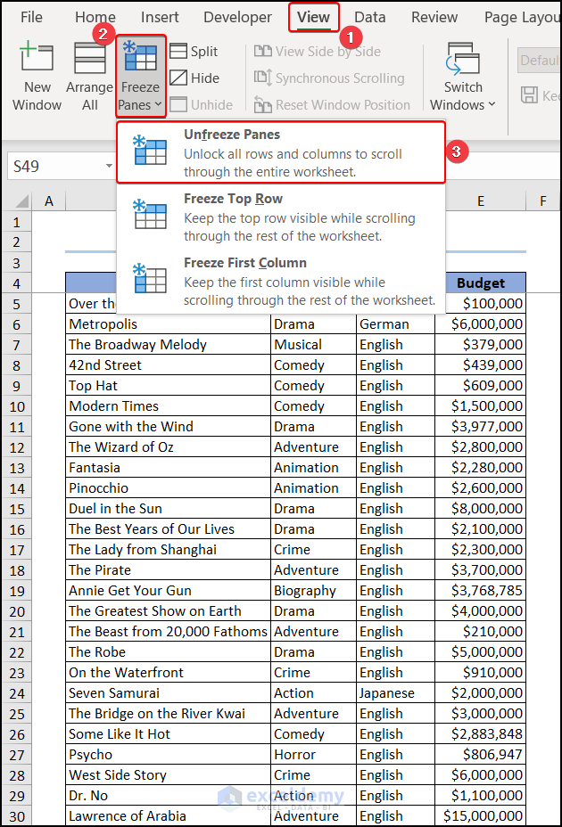 Using the View tab to unfreeze rows in Excel
