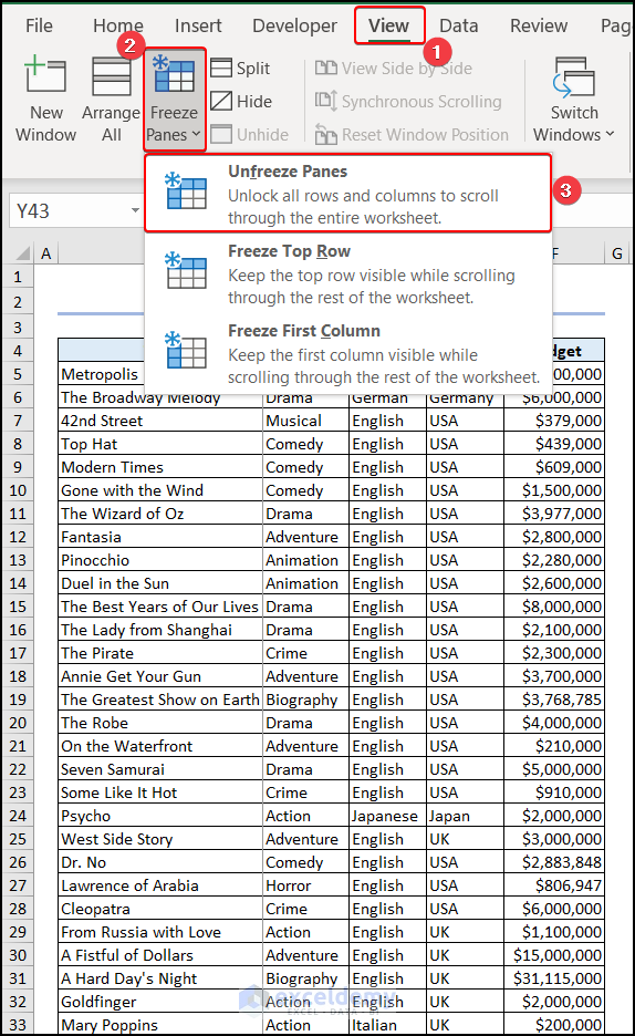 Using the freeze panes option in the View tab to unfreeze columns in Excel