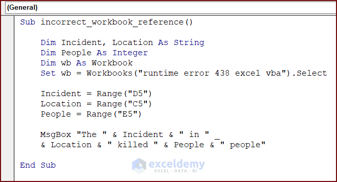 VBA Code with Incorrect Workbook Reference which results in runtime error 438 in excel