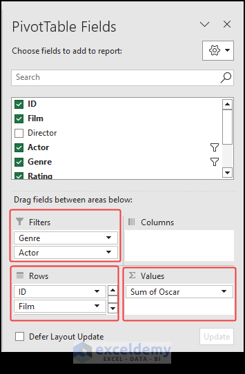 Choosing fields for pivot table and adding filter drop down