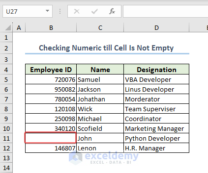 dataset with an empty cell in the employee id column