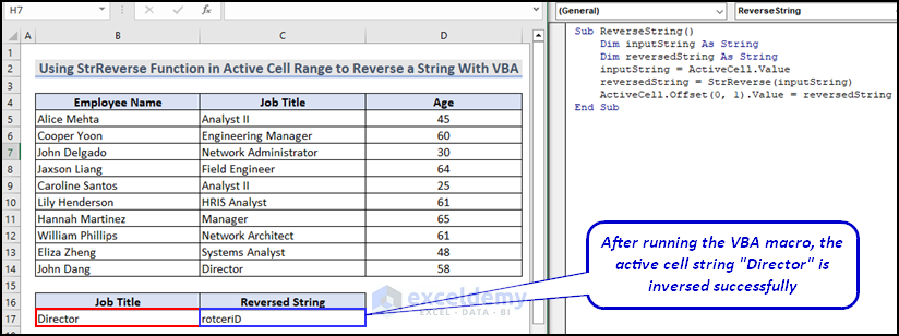 Final Output Image of VBA Code to Reverse a String Using the StrReverse Function in Active Cell Range