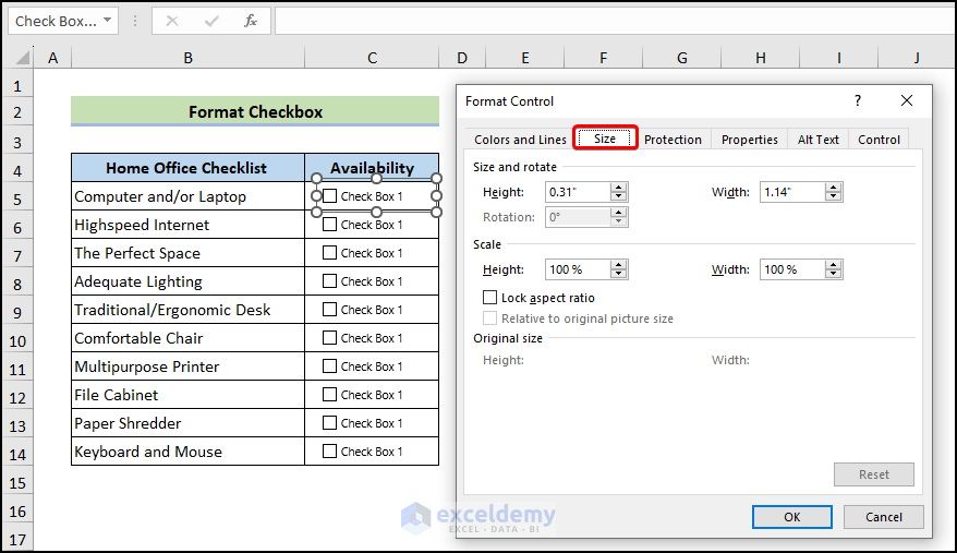 resize checkbox in Excel