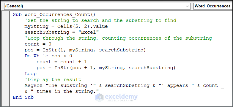 Code for counting Number of Occurrences of Word in a Given String