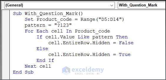 Code image for Excel VBA Like Operator with Question Mark