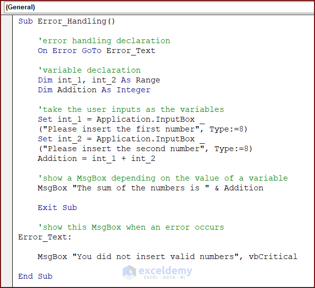VBA Code for MsgBox for Error Handling