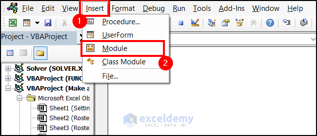 inserting module from the VBA window