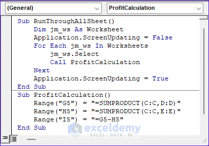 code snippet for Profit Calculation
