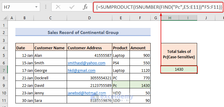 Utilizing a combination of SUMPRODUCT, ISNUMBER, and FIND functions for a case-sensitive exact match to sum if the cell contains text