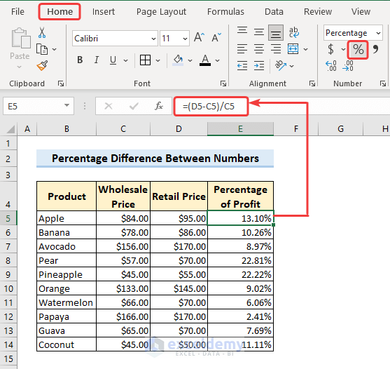 Calculate percentage difference in different columns in Excel