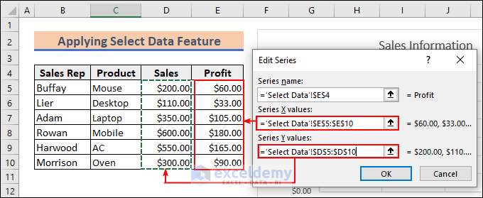 6-Changing the X-axis and Y-axis values in the Edit Series dialog box