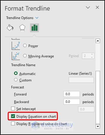 Checkmarking Display Equation on chart option from the Format Trendline pane