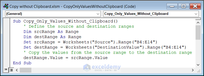 Code to copy only values