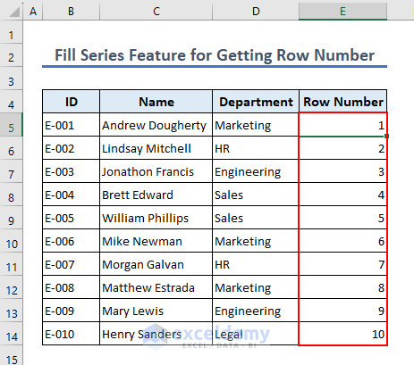 Rows are numbered using fill series