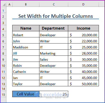 Sample Dataset for setting multiple columns width in Excel VBA