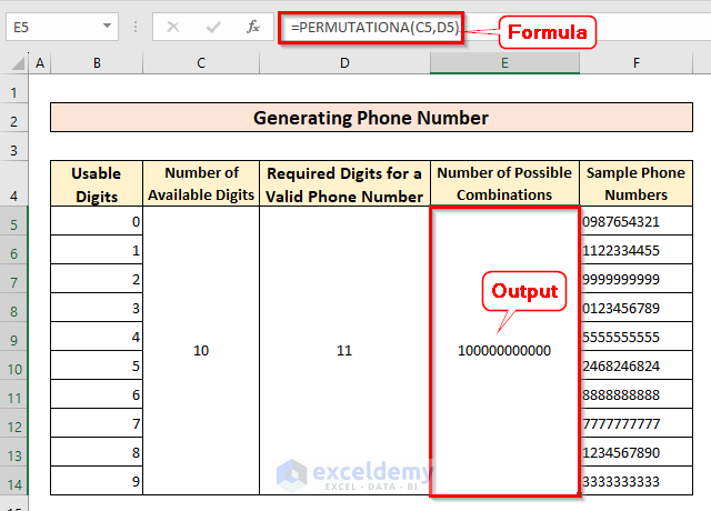 Using PERMUTATIONA() Function to Calculate Possible Units of Phone Numbers