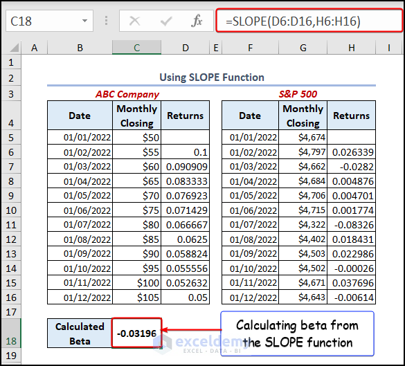 Using the SLOPE function to calculate beta in Excel