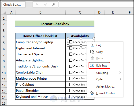 rename checkbox in Excel