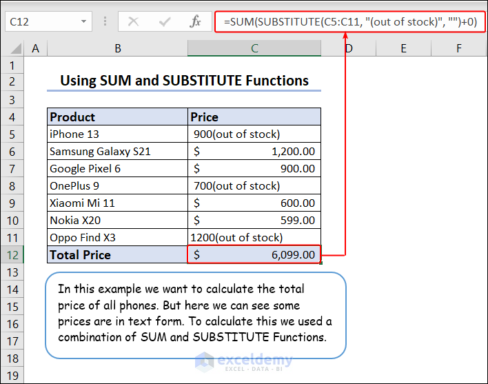 Substituting texts using SUBSTITUTE function and then calculating sum