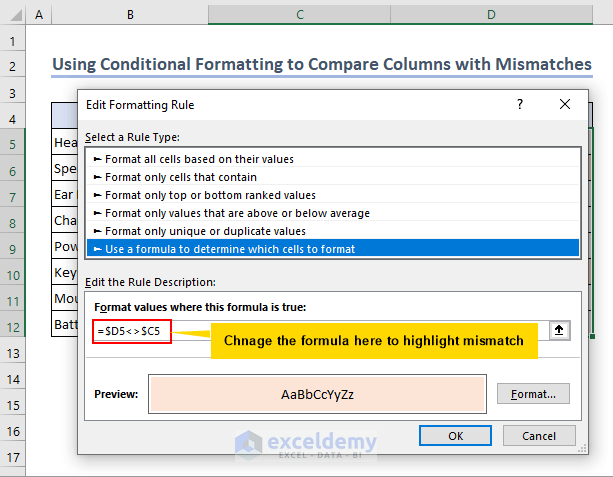Applying conditional formatting to compare columns with mismatches