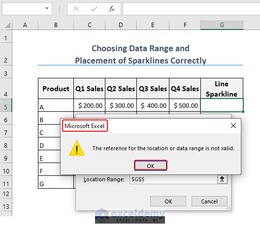 Excel Sparline is showing an error