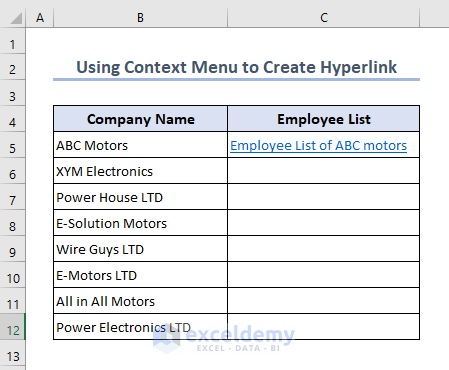 Final output of creating hyperlink in Excel using the context menu