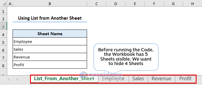 Five Worksheets  visible before running the Code