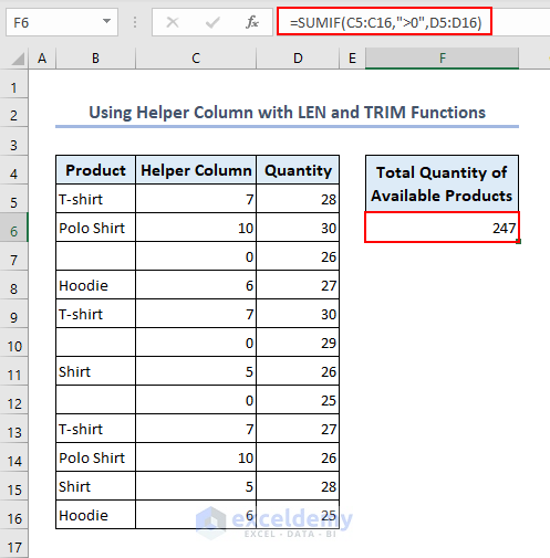 Formula used to sum not blanks with helper column using LEFT and TRIM functions