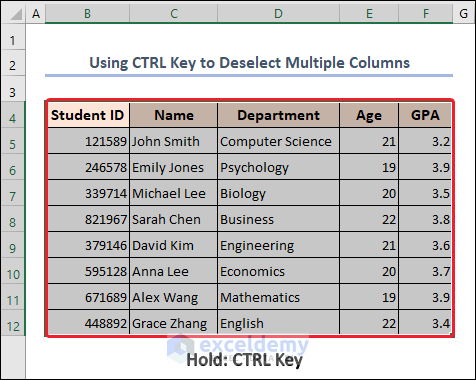 Holding CTRL key to deselect multiple non-contiguous columns