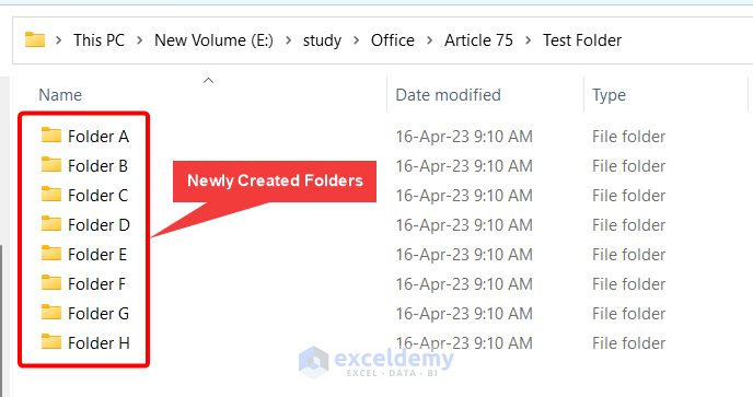 Newly Created Folders in the File Explorer