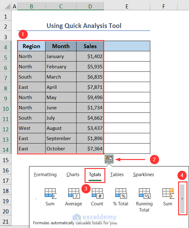 Selecting Totals tab under Quick Analysis Tool button