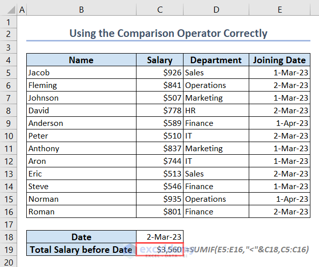 Showing right value after using comparison operator correctly in the SUMIF function