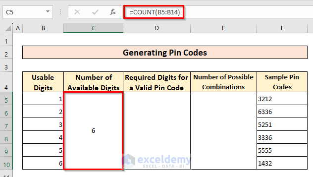 Using COUNT() Function to Count Available Number of Digits for Generating Pin Codes
