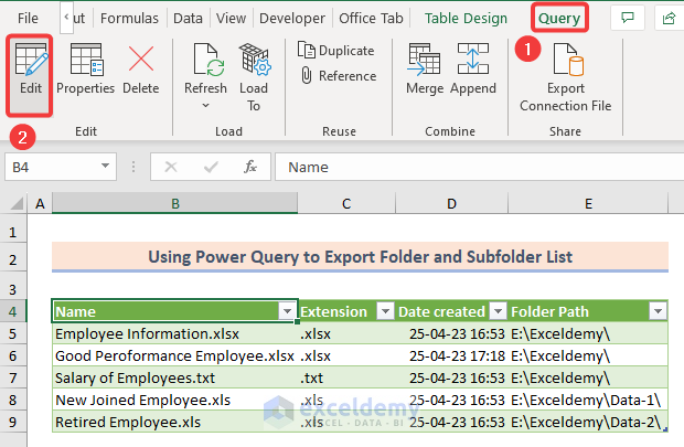 Visiting query feature to edit exported data