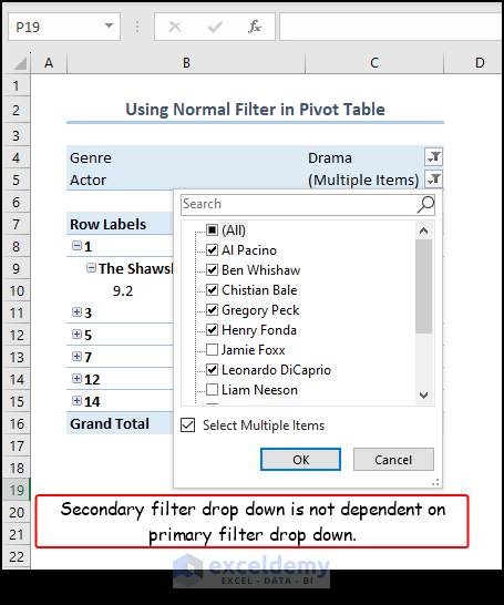 Checking primary and secondary filter drop down
