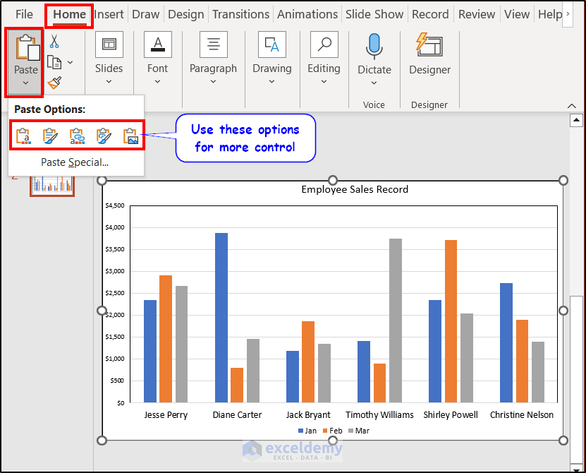 paste options available in powerpoint