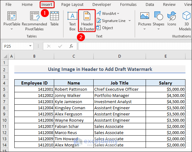 Adding Header and Footer to add draft watermark in Excel