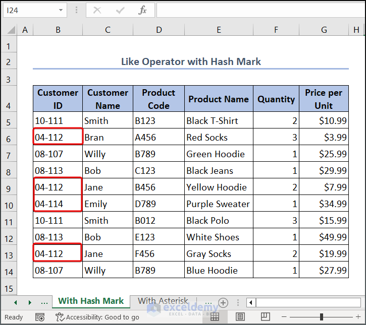 Dataset for Excel VBA Like Operator with Hash Mark