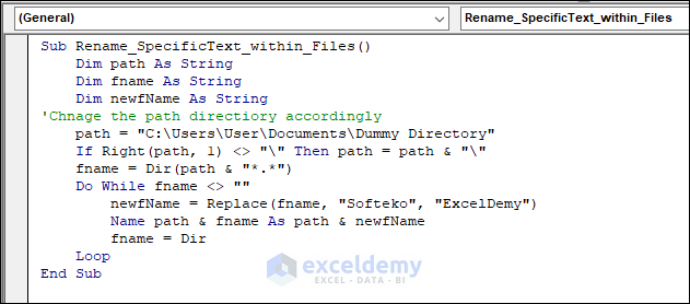 VBA code for Replacing a Specific Text Within the File Name by looping through files in folder and renaming
